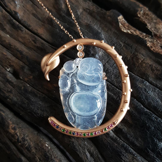 【天然正品】AU750精品玫瑰金镶天然冰种佛公翡翠（平安、吉祥）吊坠项链030824XY11 商品图2