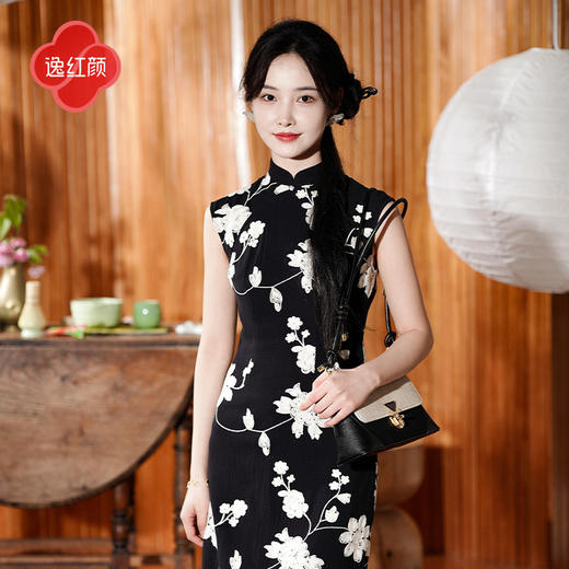 逸红颜书卷复古黑色国潮超火爆款性感小黑裙新中式改良旗袍舞黛 商品图2