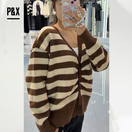 P&X设计师女装春秋款毛衣条纹时尚宽松短款外套 824113739 咖色 商品图1