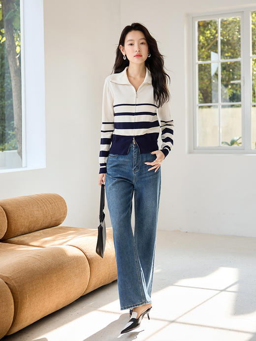 【专属特价】熙世界双拉链海军领针织开衫秋装新款洋气减龄显瘦条纹毛衫外套 商品图4