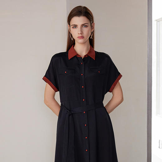 【衬衫款桑蚕丝连衣裙】24年夏季新品女士系带收腰显瘦中长款裙子 商品图1