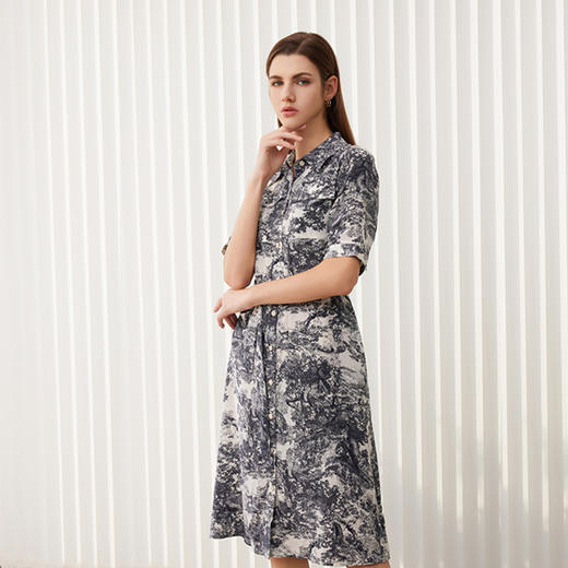 【水墨印花真丝连衣裙】24年春夏新品女士100%桑蚕丝系带收腰衬衫款裙子 商品图3