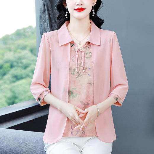 雀说新款时尚洋气翻领拼接假两件宽松七分袖上衣AL262 商品图1