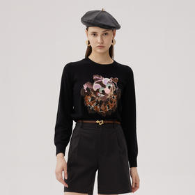 谜底圆领套头针织衫女2024秋新品百搭绣花合体亲肤毛衣243MZ1307