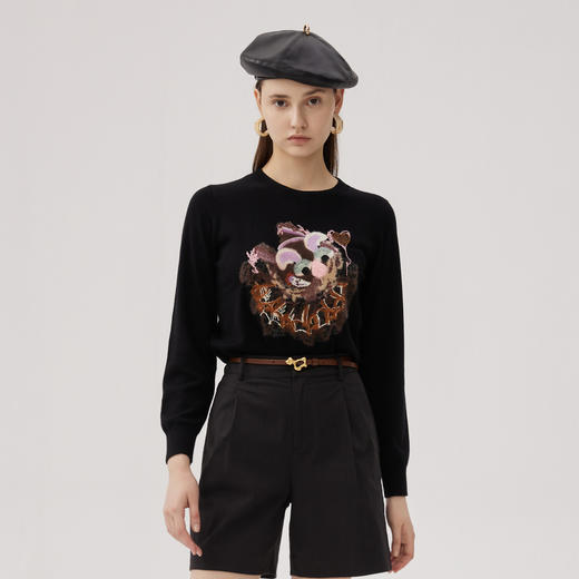 谜底圆领套头针织衫女2024秋新品百搭绣花合体亲肤毛衣243MZ1307 商品图0