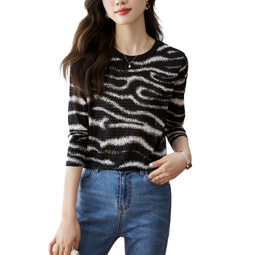 雀说波浪纹T恤新款时尚洋气圆领宽松斑马纹显瘦百搭上衣AL26 商品图4