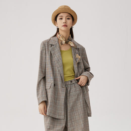 谜底格子西装外套女2024秋季新品松弛感宽松中长款西服243MW1126 商品图1