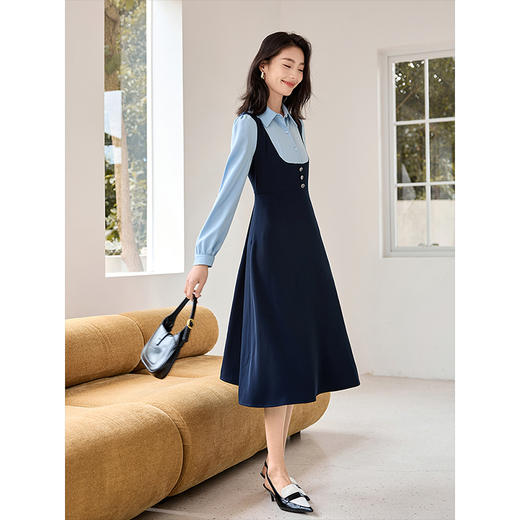 【1件72折】熙世界学院风假两件衬衫连衣裙2025秋装新款通勤气质收腰中长裙 商品图3