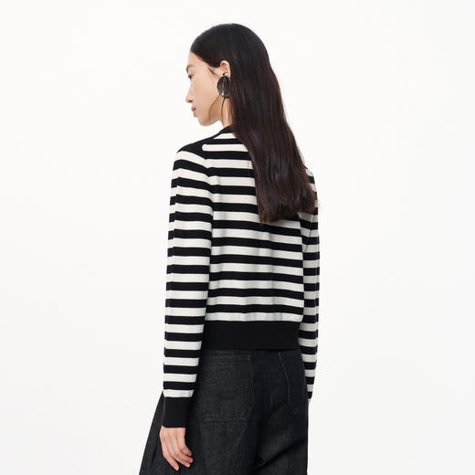 NEELLY纳俪商场同款秋季新款羊毛混纺黑白条纹显瘦针织开衫上衣女N24081A01066 商品图1