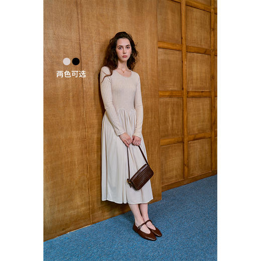 HeyDress针织拼接连衣裙女秋季法式圆领坑条显瘦小黑裙气质裙子 商品图1