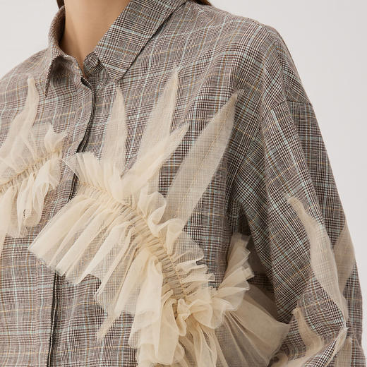 谜底短款拼接网纱衬衫长袖女2024秋新品特色造型感衬衣243GC1171 商品图3