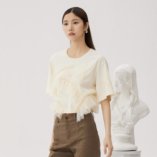 谜底短T恤短袖女2024秋季新品百搭立体网纱拼接宽松上衣243MT1202 商品图1