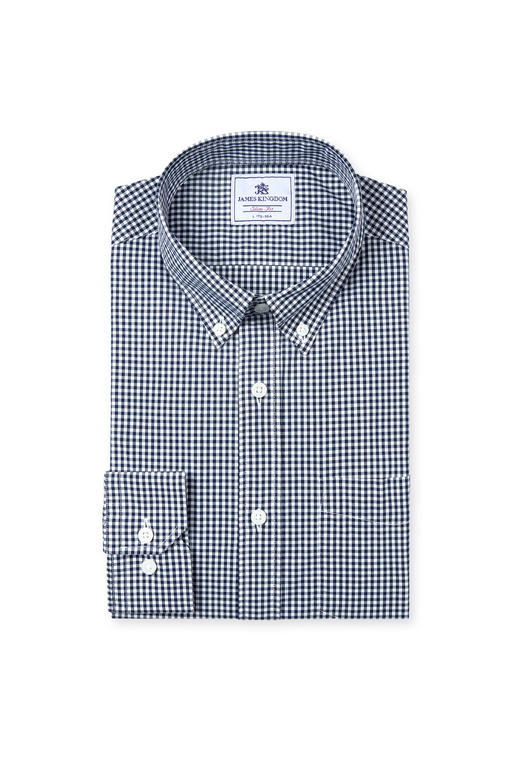 占姆士男士100%纯棉休闲商务细格蓝色长袖衬衫 商品图3