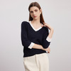 【七分袖V领针织衫】24年秋冬女士新品100%绵羊毛黑白撞色针织套衫 商品缩略图2