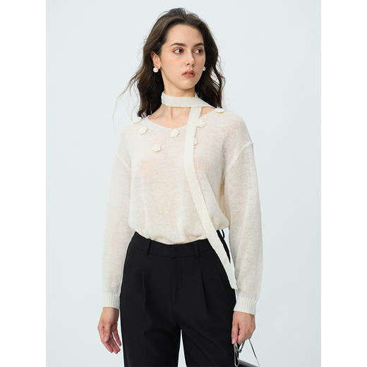 HeyDress立体花刺绣针织衫女秋季法式V领宽松慵懒感玫瑰飘带毛衣 商品图3