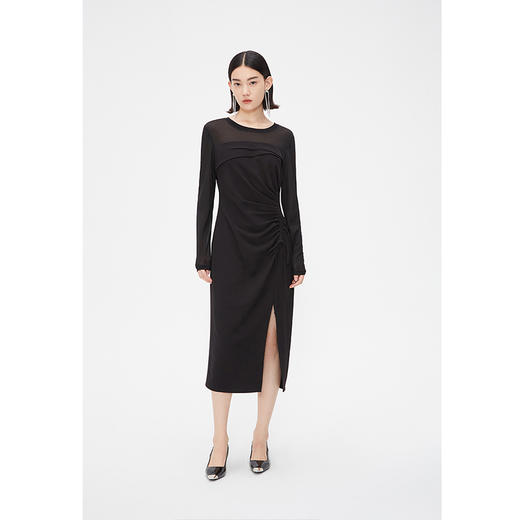 NEELLY纳俪商场同款秋季黑色抽褶显瘦连衣裙女修身开叉长袖中长裙N24074Y04550 商品图2