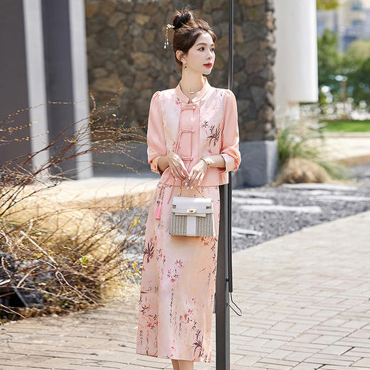 新中式国风套装裙，轻奢气质改良旗袍印花盘扣两件套HR-YWY8931 商品图2