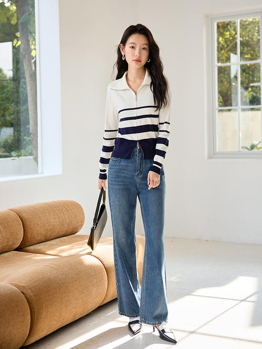 【专属特价】熙世界双拉链海军领针织开衫秋装新款洋气减龄显瘦条纹毛衫外套 商品图3