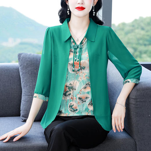 雀说新款时尚洋气翻领拼接假两件宽松七分袖上衣AL262 商品图0