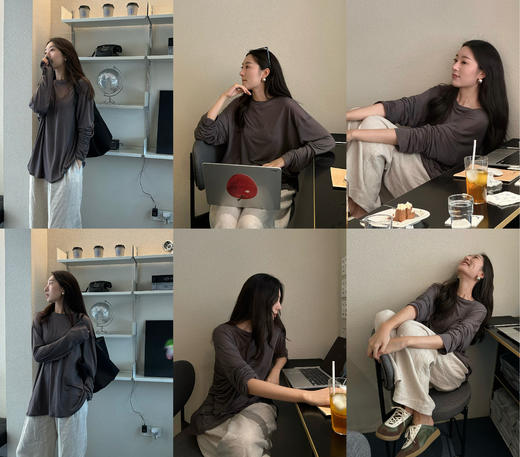 HIDEMI凉感超薄清透皮肤衣系列圆领oversize宽松慵懒长袖面膜T恤 朱红色/豆沙灰绿/烟草灰/深藏青/自然白 商品图2