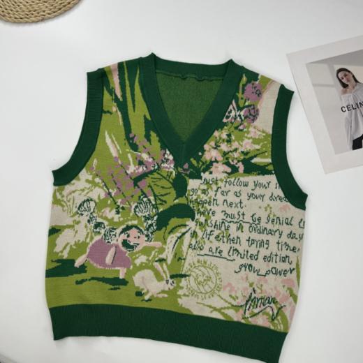 👍👍【岚可可茵曼同款田园v领针织套头马甲】💨1、空间感基础背心版型，加入撞色田园风提花图案点缀，🉐️减龄时髦！  商品图3