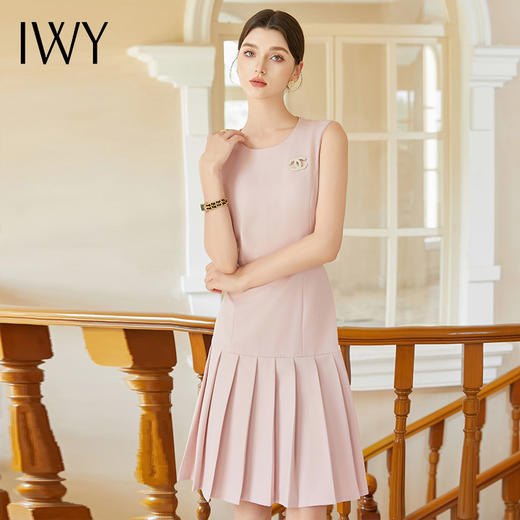 IWY/粉色无袖连衣裙女轻奢高级感西装内搭背心裙中长款百褶裙Q1188 商品图1