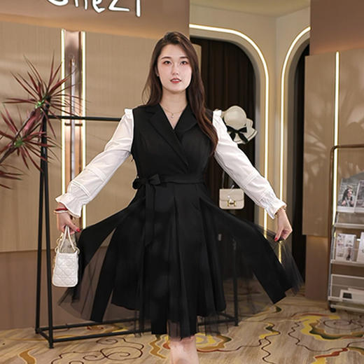 8/9奢姿大码女装2024秋季网纱拼接气质裙子胖妹妹时尚翻驳领连衣裙9943853602 商品图0