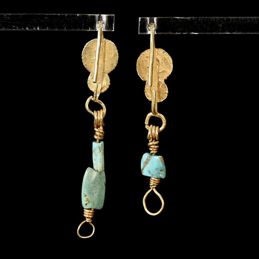 战国原装绿松石红玛瑙不对称金耳环 商品图1