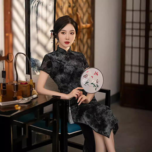 ZAYS-5125春夏长款植绒改良年轻旗袍日常修身雪尼尔短袖少女复古旗袍 商品图2