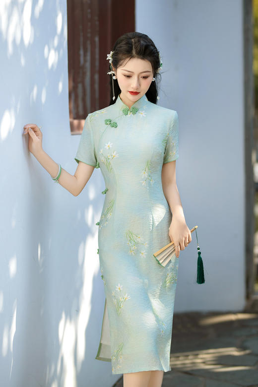 ZAYS-210春季新款中长天丝麻少女旗袍日常修身素雅改良旗袍 商品图3