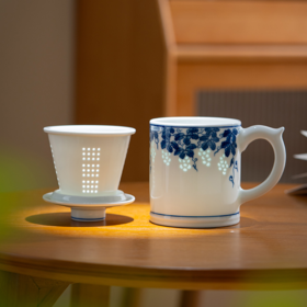 富玉  景德镇手绘青花玲珑多子多福茶漏杯家用大容量礼盒装