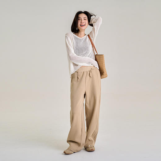 【棉混纺】腰部撞色抽绳宽松直筒裤 侧边分割线显瘦显腿直 休闲运动裤 商品图11