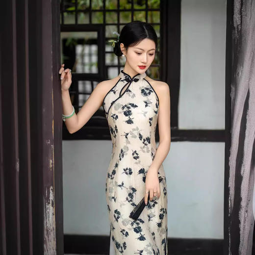 ZAYS-1903夏季改良挂脖天丝麻双层长旗袍老上海气质年轻款旗袍 商品图1