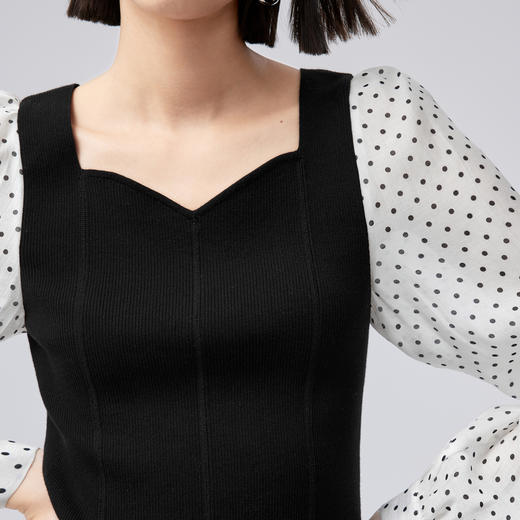 【严选】伊芙丽针梭拼波点法式复古坎线假两件针织衫2024秋装新款舒适上衣1F7933511 商品图2