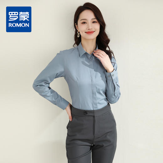 【40棉】罗蒙春秋女装长袖衬衫修身款暗门襟商务通勤职业OL上班衬衫 商品图0