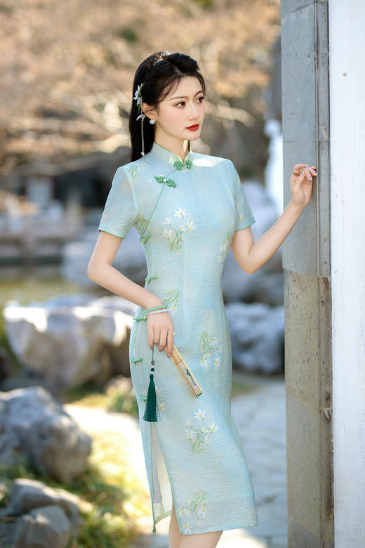 ZAYS-210春季新款中长天丝麻少女旗袍日常修身素雅改良旗袍 商品图2