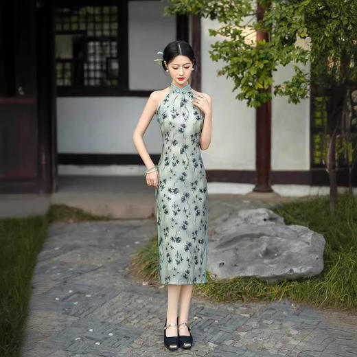 ZAYS-1906春夏天丝麻改良挂脖新中式露肩无袖少女性感日常双层女式旗袍 商品图3