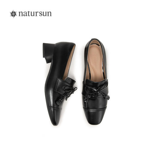 natursun小羊皮乐福鞋方头深口小皮鞋英伦粗跟单鞋女N24449055 商品图3
