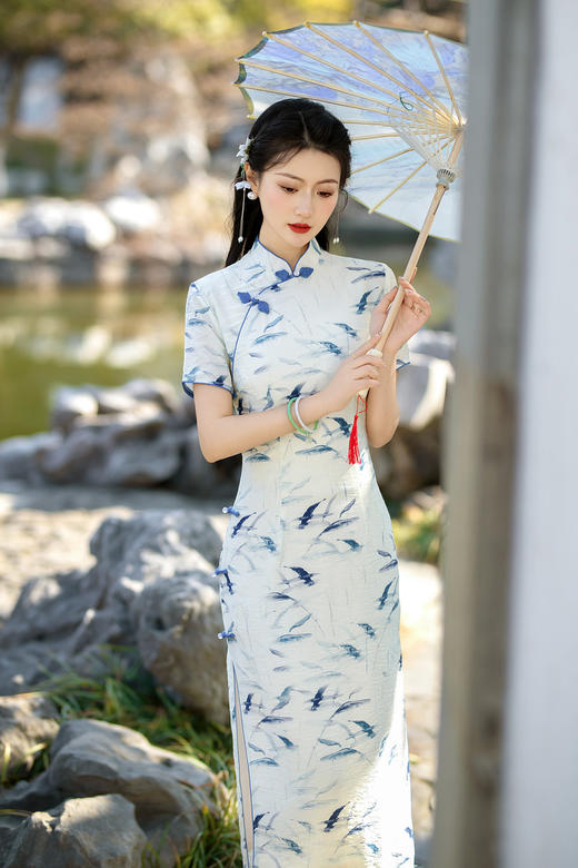 ZAYS-206天丝麻旗袍2024春季新款改良年轻双层旗袍日常高端气质青花瓷旗袍 商品图2