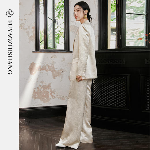 FUYAO扶摇 醋酸缎面西装套装女轻奢国风阔版西服直筒裤两件套 商品图1
