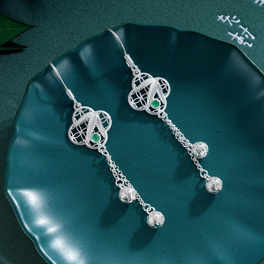 子佩集S990银【窗竹影摇】耳环【DSEH001】大师工坊原创作品花丝珐琅彩绿玉髓窗格2509 商品图7