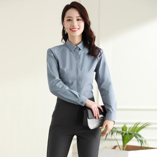 【40棉】罗蒙春秋女装长袖衬衫修身款暗门襟商务通勤职业OL上班衬衫 商品图6