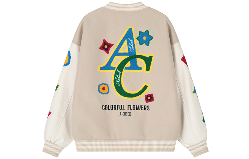 Achock美式休闲彩虹碎花系列毛巾绣植绒夹克潮牌杏色单排扣棒球服