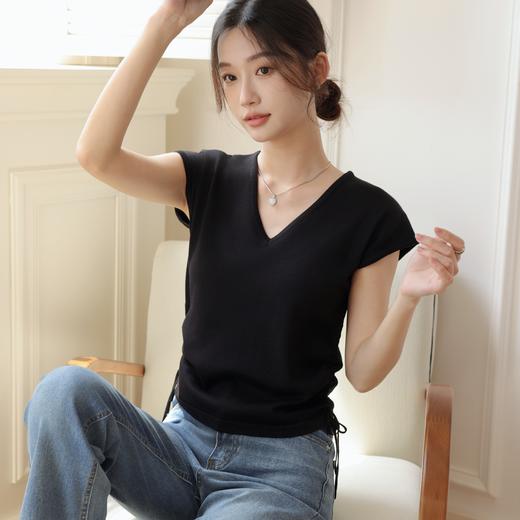 MUYANHUAN 冰丝抽绳V领显瘦针织短袖 | 亲肤透气 柔软有质感 简约百搭显气质 四色可选 商品图4