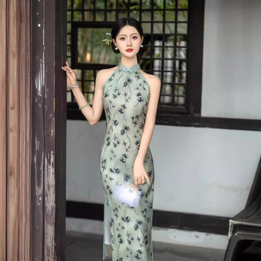 ZAYS-1906春夏天丝麻改良挂脖新中式露肩无袖少女性感日常双层女式旗袍 商品图1