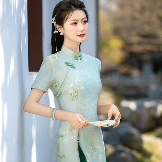 ZAYS-210春季新款中长天丝麻少女旗袍日常修身素雅改良旗袍 商品图1