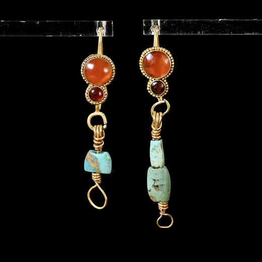 战国原装绿松石红玛瑙不对称金耳环 商品图0