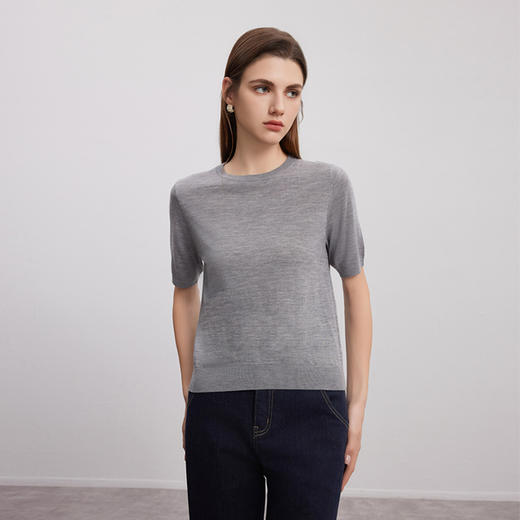 【多色短袖针织套衫】24年秋季新品女士100%羊毛圆领套头纯色薄款针织衫 商品图4