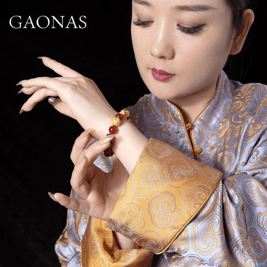 GAONAS 铜合金合成锆石手链 金色国风设计吞金兽红色手链 10678SR 商品图4