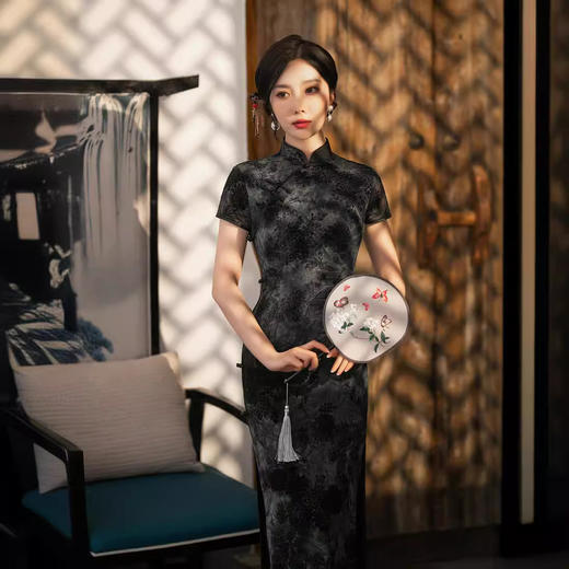 ZAYS-5125春夏长款植绒改良年轻旗袍日常修身雪尼尔短袖少女复古旗袍 商品图3